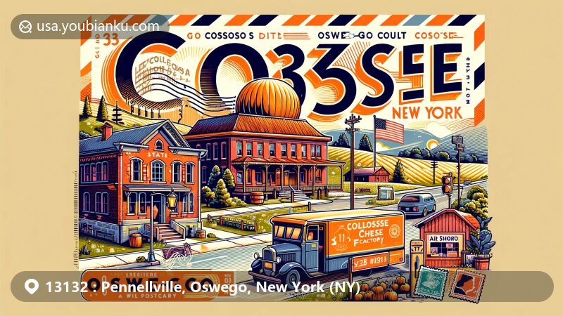 Modern illustration of Pennellville, Oswego County, New York, showcasing village charm, outdoor activities like fishing spot at Sandy Pond Creek, historical landmarks, modern postal elements with ZIP code 13132, and New York state flag.