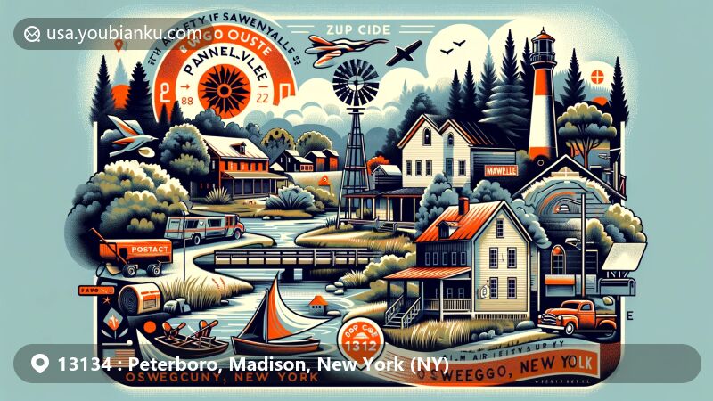 Modern illustration of Peterboro, Madison County, NY, featuring retro-style airmail envelope showcasing local landmark Smithfield Community Center, NY state flag, custom stamp with ZIP code 13134 and Peterboro postmark, incorporating postal elements like postal horn, quill, and ink bottle, highlighting communication history and cultural significance.