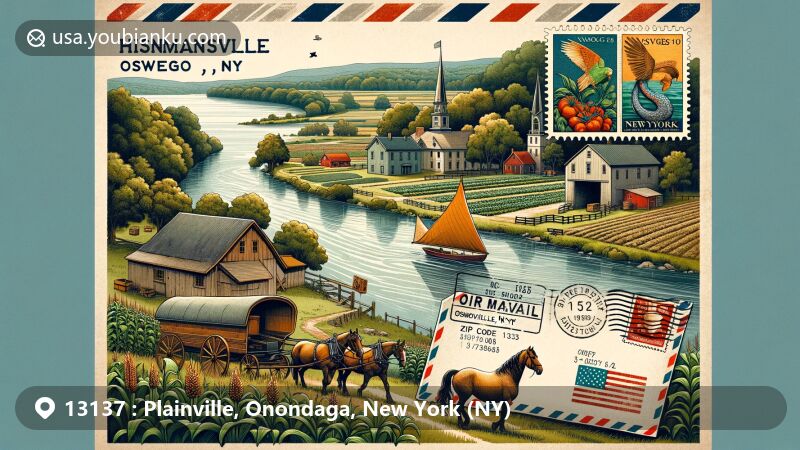 Modern illustration of Plainville, Onondaga County, New York, showcasing postal theme with ZIP code 13137, featuring Beaver Lake Nature Center, Plainville Turkey Farms, New York State flag, and Onondaga County outline.