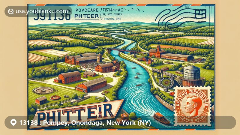 Modern illustration of Pompey, Onondaga, New York, depicting scenic rolling hills, Pratt's Falls, Oran District No. 22 Schoolhouse, and Drover's Tavern, integrated in a vintage airmail envelope with New York State flag stamp and ZIP code 13138.
