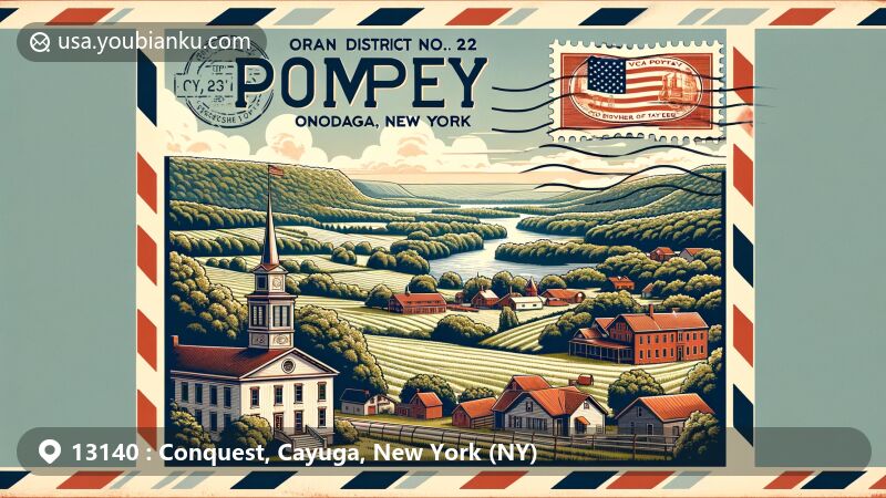 Modern illustration of Conquest, Cayuga, New York, featuring Duck Lake surrounded by lush greenery, New York state flag, artistic portrayal of Seneca River and Erie Canal, and postal theme with ZIP code 13140.