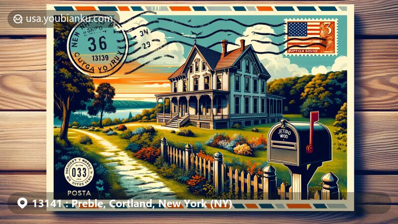 Modern illustration of Preble, Cortland County, New York, featuring Little York Lake, First Presbyterian Church, and rural landscapes, with a postal theme including ZIP code 13141.