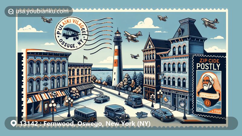 Modern illustration of 13142 ZIP code area in Fernwood, Oswego, New York, showcasing Pulaski Village Historic District and Selkirk Lighthouse, incorporating local culture, architectural styles, and postal elements.