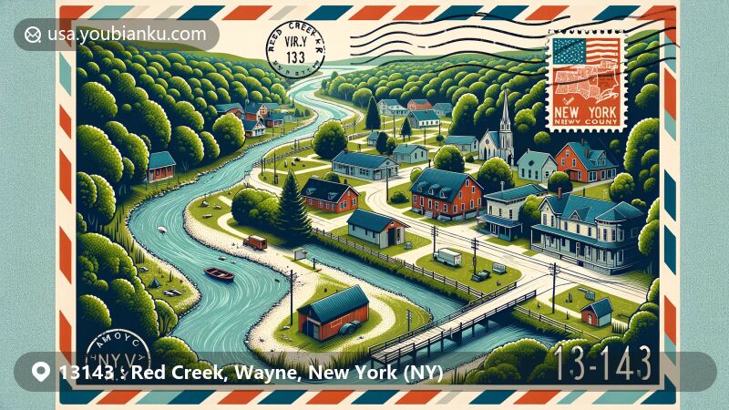 现代插图展示了纽约州韦恩县的雷德克里克（Red Creek）村，突出了其小镇魅力和自然美景，插图中包含流淌的小溪、郁郁葱葱的绿色植被、标志性元素如小池塘和古朴建筑的主街，以及韦恩县地图轮廓。整个场景背景为航空邮件信封，配有具有复古风格邮票，展示了纽约州旗、韦恩县轮廓和一辆经典邮政卡车。邮票艺术呈现了州旗和县地图。插图突出展示了13143邮政编码和“Red Creek, NY”的邮戳取消标记，生动捕捉了雷德克里克作为风景如画、宁静村庄的本质。