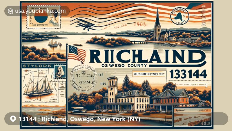 Modern illustration of Richland, Oswego County, New York, featuring postal theme with ZIP code 13144, showcasing geographical proximity to Lake Ontario and rich history of Half-Shire Historical Society, capturing essence of region's natural beauty and distinct four seasons.