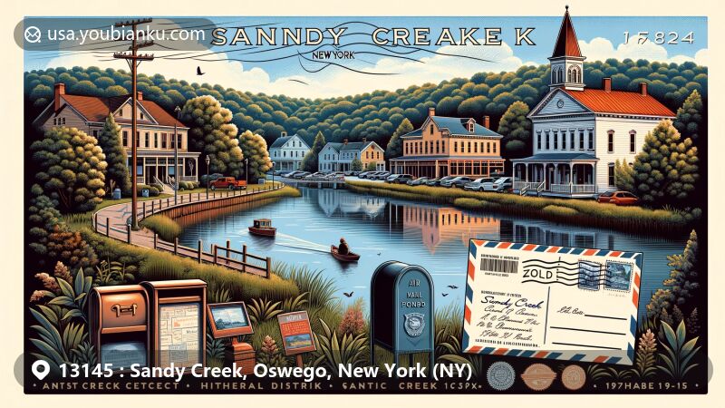 Modern illustration of Sandy Creek, New York, showcasing North Pond, Sandy Creek Historic District, and vintage postal theme with ZIP code 13145, combining natural beauty and historical architecture.