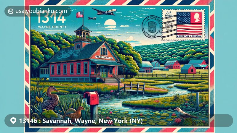 Modern illustration of Savannah, Wayne County, New York, featuring Wiley Schoolhouse and Montezuma Audubon Center, blending local education and wildlife conservation themes, set against a backdrop of swamps, wildlife areas, and agricultural heritage, with a vintage postal stamp showcasing ZIP code 13146.