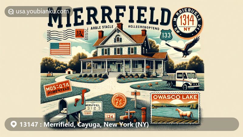 Modern illustration of Merrifield, NY, showcasing historic Merrifield/Arena Homestead, agricultural landscape, and Owasco Lake in Cayuga County, ZIP code 13147, with vintage postal elements.