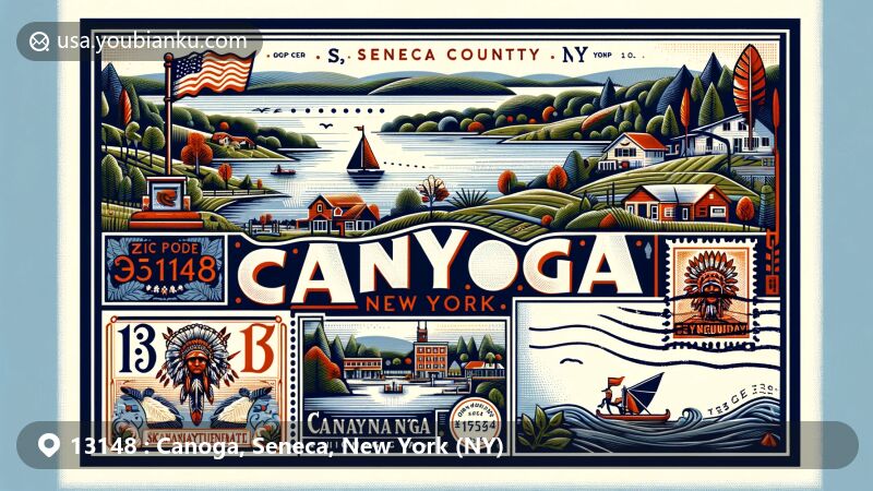 Modern illustration of Canoga, Seneca County, New York, featuring iconic elements such as Cayuga Lake, Skannayutenate Indian village ruins, and birthplace of Chief Red Jacket, with postal theme showcasing ZIP code 13148.