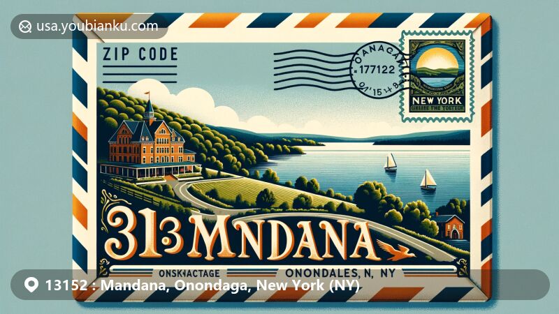 现代插画风格的宽幅航空信封，展示纽约州Onondaga县Mandana地区邮政编码13152，突出显示Skaneateles Lake的湖光山色和Skaneateles历史区建筑轮廓，描绘Mandana Inn和New York等元素。