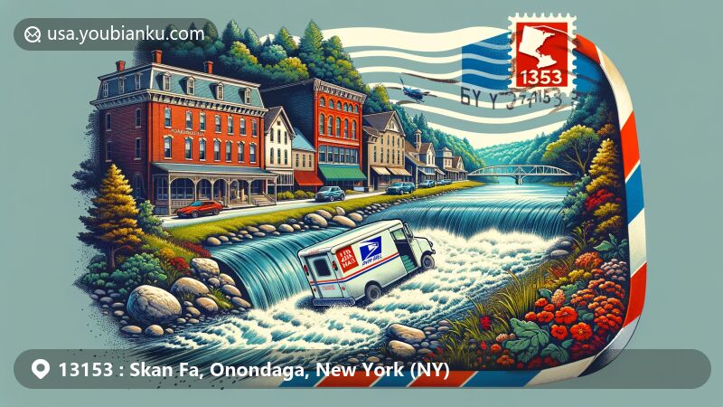 Modern illustration of Skaneateles Falls area in Onondaga County, New York, featuring postal theme with ZIP code 13153, showcasing Skaneateles Creek, Skaneateles Lake, and historic district.
