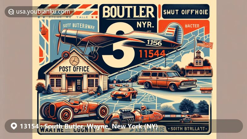 Modern illustration of South Butler, Wayne County, New York, featuring air mail envelope with ZIP code 13154, South Butler Nostalgia Dragway, vintage race cars, and South Butler post office, set against Wayne County map silhouette.