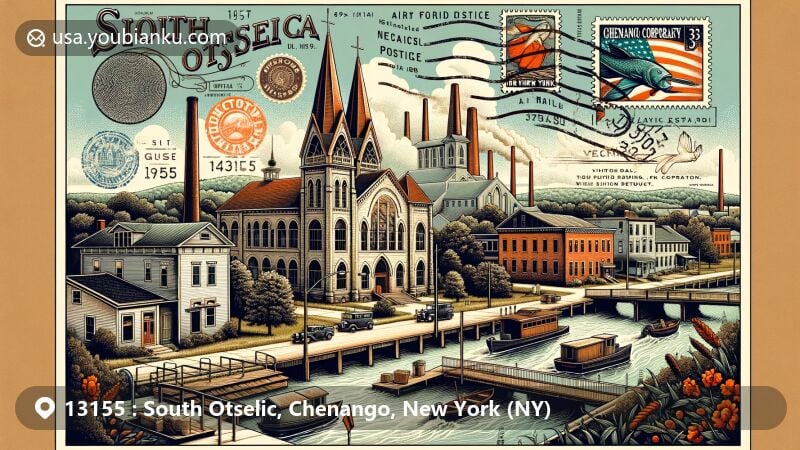 Modern illustration of South Otselic, Chenango County, New York, depicting historic district with postal heritage elements, featuring iconic buildings like Methodist Church and Gladding Corporation's old factory, incorporating local industrial elements such as Gladding Braided Products and fish hatchery, highlighted with postal symbols like ZIP code 13155 and USA/NY state flags.