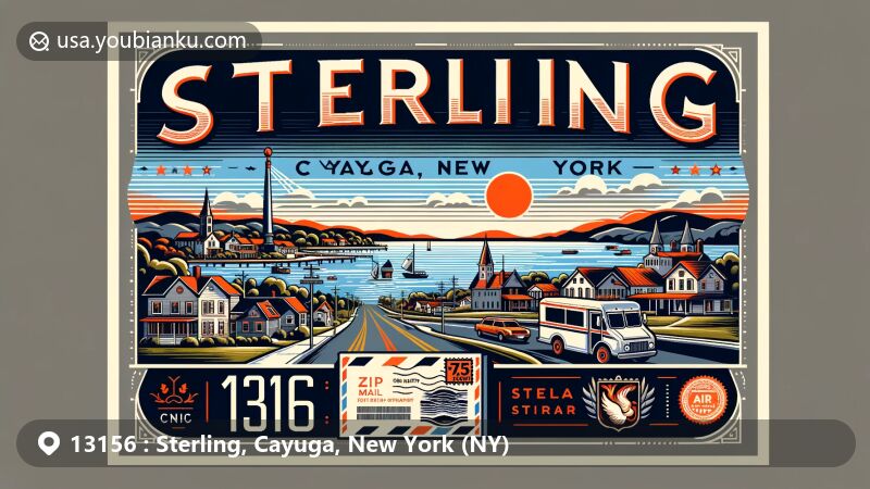现代插画风格的宽幅插图，展示纽约州卡尤加县Sterling地区，突出安大略湖岸线和革命战争历史，前景为带有13156邮政编码的复古航空邮件信封，并展示了Sterling Valley的历史标记Coopers Mills。