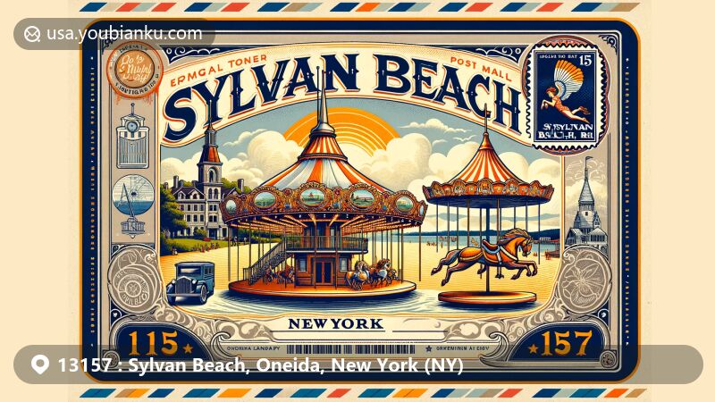 Modern illustration of Sylvan Beach, New York, showcasing postal theme with ZIP code 13157, featuring Sylvan Beach Amusement Park and Carello's Landmark Carousel integrated into a vintage air mail envelope with postal symbols and Oneida Lake in the background.