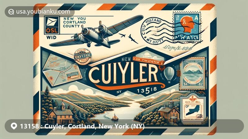 Modern illustration of Cuyler Town, Cortland County, New York, featuring vintage airmail envelope with postal theme, showcasing rolling hills, forests, vintage stamp and postmark with ZIP code 13158, and aircraft symbolizing connection and communication.