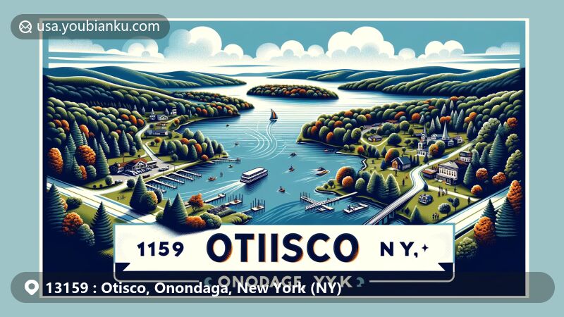 Modern illustration of Otisco area, New York, showcasing Otisco Lake and natural beauty, with postal theme highlighting ZIP code 13159 and outdoor activities.