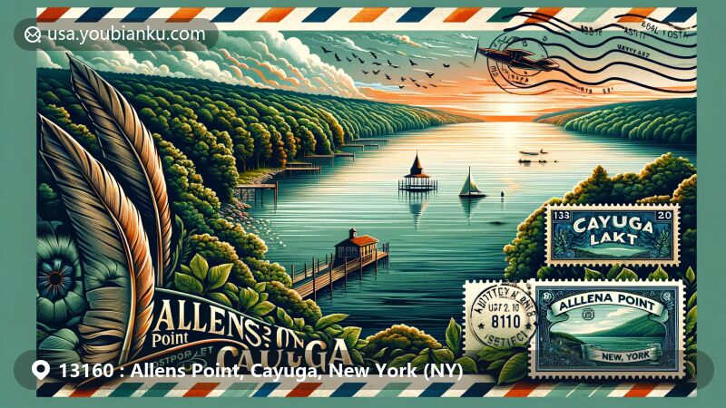 Modern illustration of Allens Point, Cayuga, New York, blending natural beauty with postal elements, capturing the serene landscape of Cayuga Lake and showcasing lush greenery, expansive water body, and famous brilliant sunsets. Features vintage-style airmail envelope with artistic stamp representing Cayuga Lake, postmarked '13160 Allens Point, NY', adorned with details like quill pen or ink bottle symbolizing the art of letter-writing. A fusion of traditional postal art with unique natural beauty of Allens Point, conveying a sense of harmony with nature and postal artistry in a modern illustrative style suitable for web use.