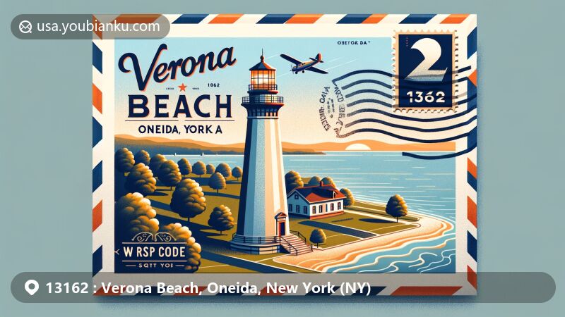 Modern illustration of Verona Beach, Oneida, New York, featuring Verona Beach Lighthouse and State Park, set within a postal theme with ZIP code 13162 and vintage postal decorations.