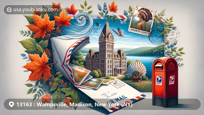 Modern illustration of Wampsville, Madison County, New York, featuring iconic postal theme with ZIP code 13163, showcasing Madison County Courthouse and Oneida Lake.