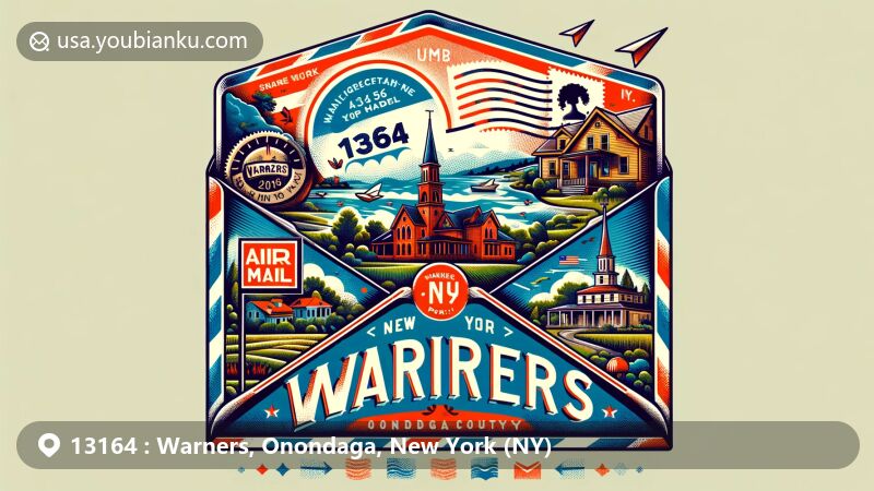 Modern illustration of Warners, NY, showcasing postal theme with ZIP code 13164, featuring scenic charm and New York state symbols.