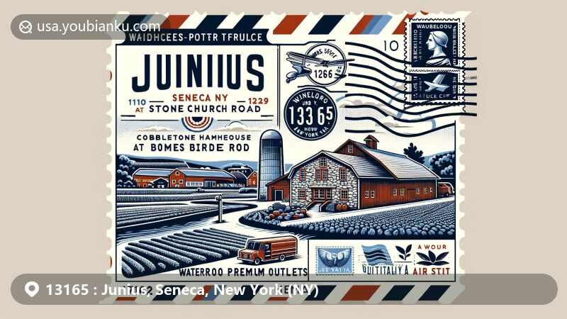 Modern illustration of Junius, Seneca County, New York 13165, showcasing historical cobblestone farmhouses, agricultural symbols, and Waterloo Premium Outlets, with vintage air mail envelope featuring town landmarks and 'Junius, Seneca, NY 13165' postmark.