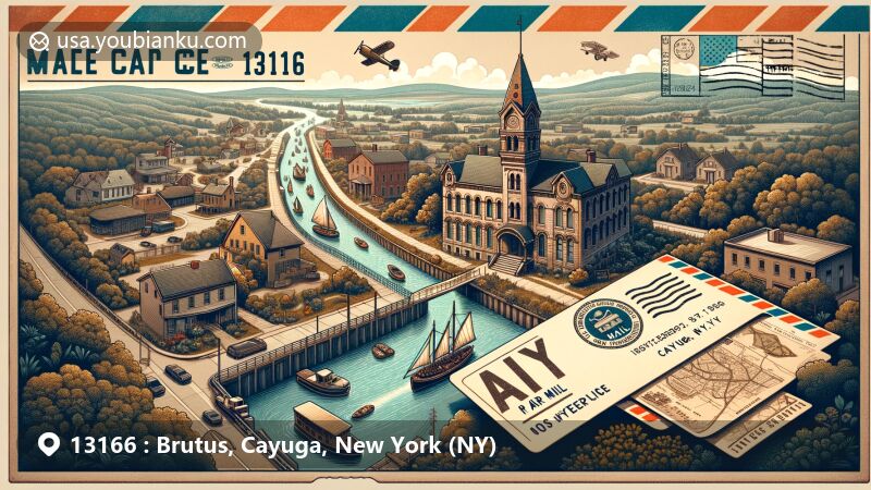 Modern illustration of Brutus, Cayuga, New York, showcasing Old Brutus Historical Society and Erie Canal heritage with a focus on postal theme and ZIP code 13166, blending historical and modern essence of Weedsport.