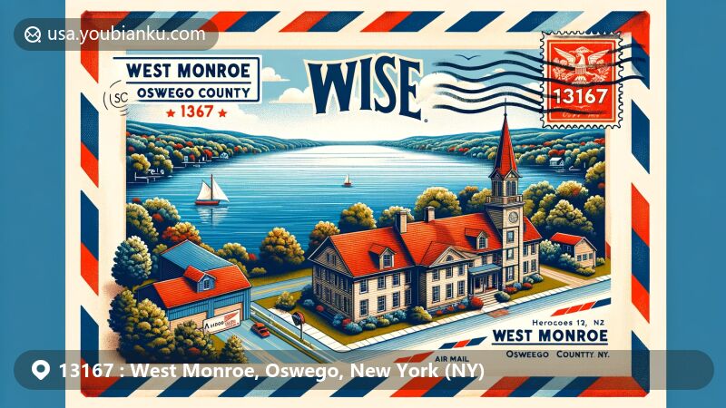 Modern illustration of West Monroe, Oswego County, New York, featuring Oneida Lake and Carley's Mills Schoolhouse, set in an airmail envelope with NY state flag postage stamp and West Monroe, NY postmark.