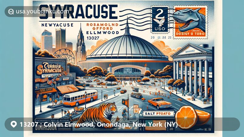 Modern illustration of Colvin Elmwood, Onondaga, New York, blending iconic landmarks like Carrier Dome, Rosamond Gifford Zoo, Destiny USA, NY State Fair, and Dinosaur Bar-B-Que with postal elements like vintage air mail envelope and stylized postal vehicle.