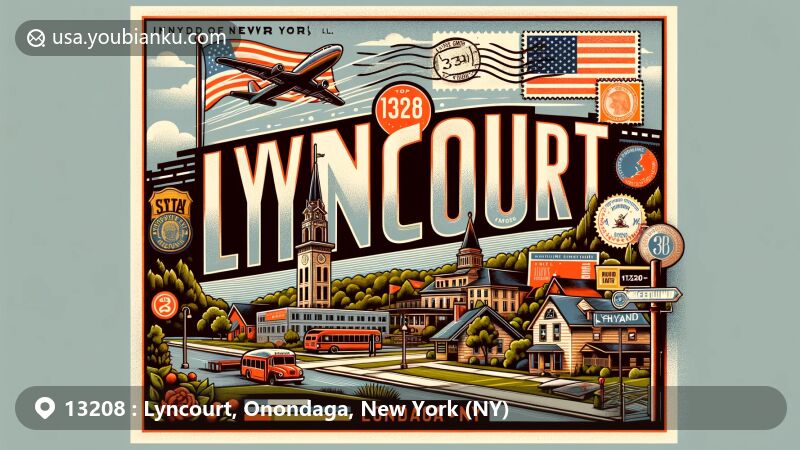 Modern illustration of Lyncourt, Onondaga County, New York, featuring suburban and Italian American cultural elements, blending New York state symbols with vintage postal theme showcasing ZIP code 13208.