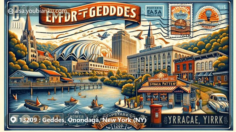 Modern illustration of Geddes, Onondaga, New York, showcasing vintage air mail envelope with Empower Federal Credit Union Amphitheater and Empire Expo Center, featuring Bridge Street Tavern and ZIP Code 13209, integrating postal theme and local history.