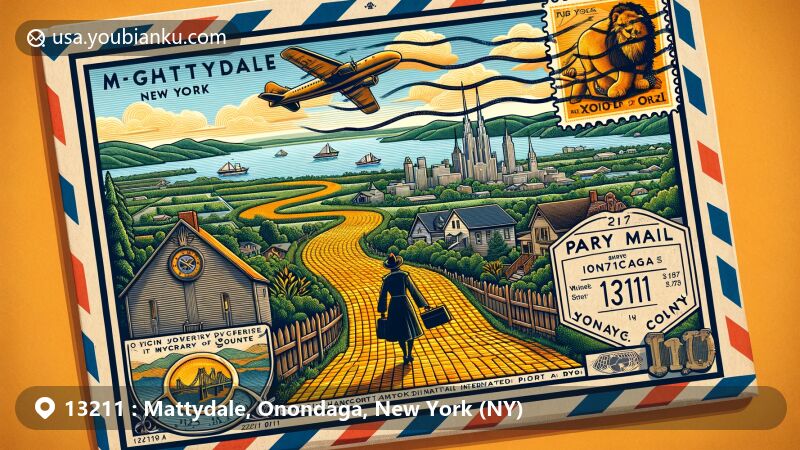 Modern illustration of Mattydale, Onondaga County, New York, featuring postal theme with ZIP code 13211, showcasing the Yellow Brick Road, Syracuse Hancock International Airport, and New York state symbols.