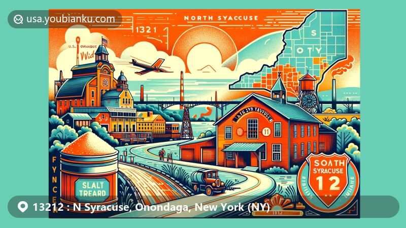 Modern illustration of North Syracuse, Onondaga County, New York, showcasing postal theme with ZIP code 13212, featuring historical landmarks and symbols of salt transportation and mail delivery.