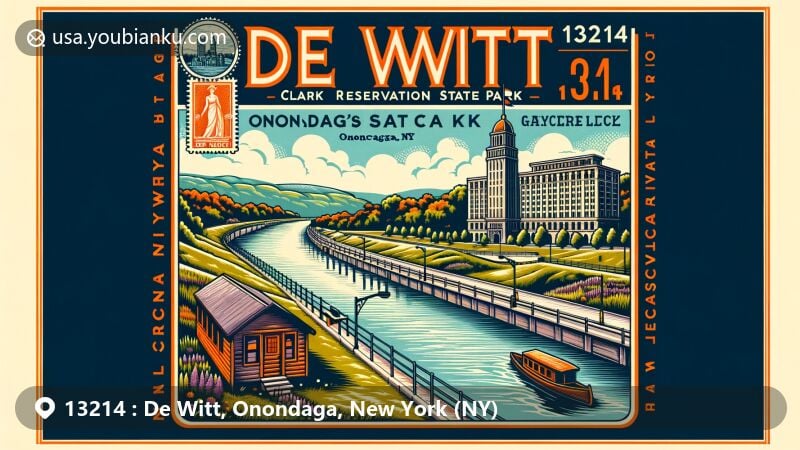 Modern illustration of De Witt, Onondaga, New York, showcasing postal theme with ZIP code 13214, featuring Butternut Creek, Glacier Lake at Clark Reservation State Park, Erie Canal, and Wegmans DeWitt supermarket.