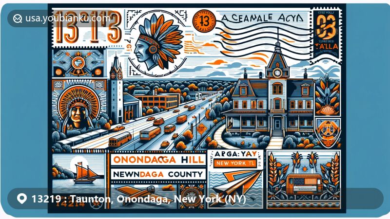 Modern illustration of Taunton, Onondaga County, New York, reflecting the scenic beauty and postal elements with Morey's Mill, Wolf Hollow estate, drumlins, Appalachian Plateau, stylized air mail envelope, NY state flag stamp, and '13219' ZIP code, blending geography, history, and postal theme.