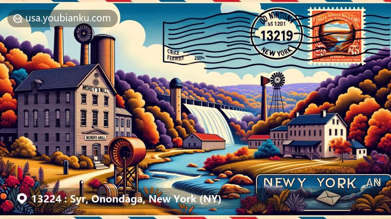 Modern illustration of Syracuse, New York 13224, blending local culture, landmarks like Landmark Theatre and Everson Museum of Art, and postal theme with vintage postcard layout, air mail elements, and vibrant color palette.