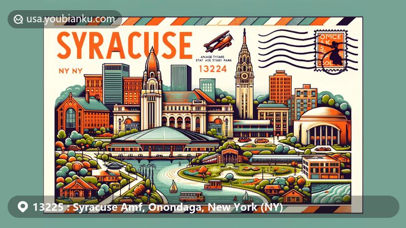 Modern illustration of Syracuse Amf, Onondaga County, New York, showcasing iconic Niagara Mohawk Building in Art Deco style, surrounded by symbols of county and Syracuse, including Syracuse University emblem, with New York state flag in background, all within stylized air mail envelope.