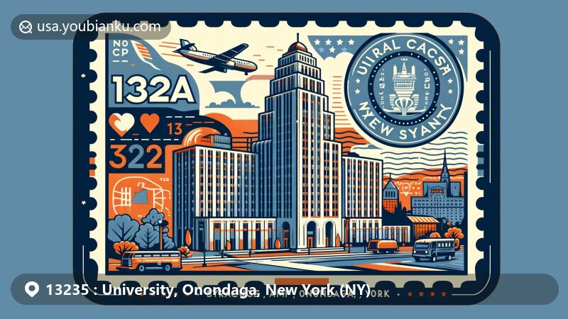 Modern illustration of Syracuse, New York, highlighting postal theme with ZIP code 13235, showcasing landmarks such as Carrier Dome, Marshall Street, Dinosaur Bar-B-Que, salt potatoes, and the iconic upside-down traffic light on Tipperary Hill.