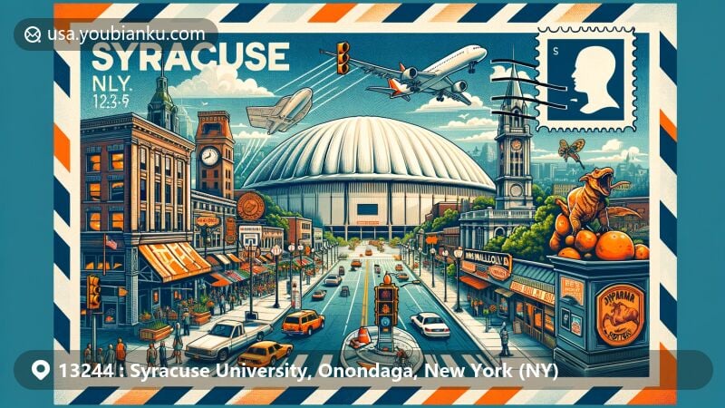 Modern illustration featuring Syracuse University's Crouse College, Haudenosaunee symbols, and postal elements, showcasing academic excellence, Indigenous heritage, and ZIP code 13244.