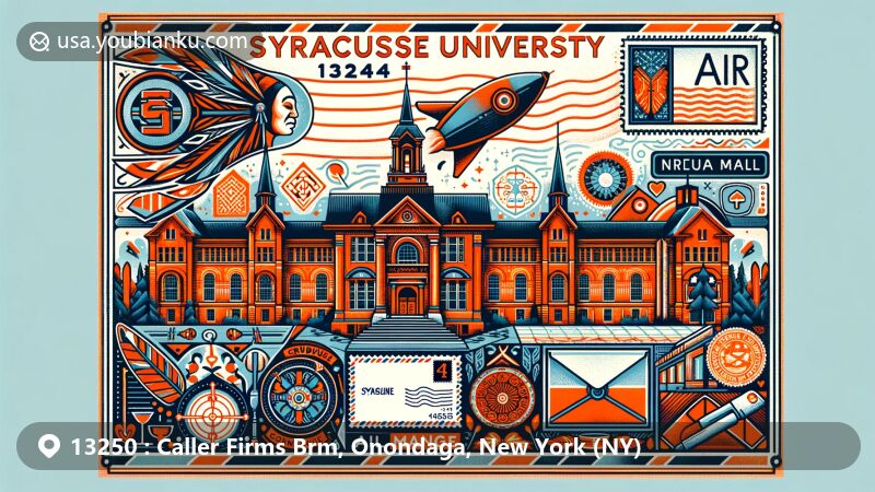 Illustration of Caller Firms Brm, Onondaga, New York, featuring Syracuse landmarks like Landmark Theatre, MOST museum, Rosamond Gifford Zoo, Destiny USA, Green Lakes State Park, and modern city skyline with postal elements, all in a vibrant and creative style.