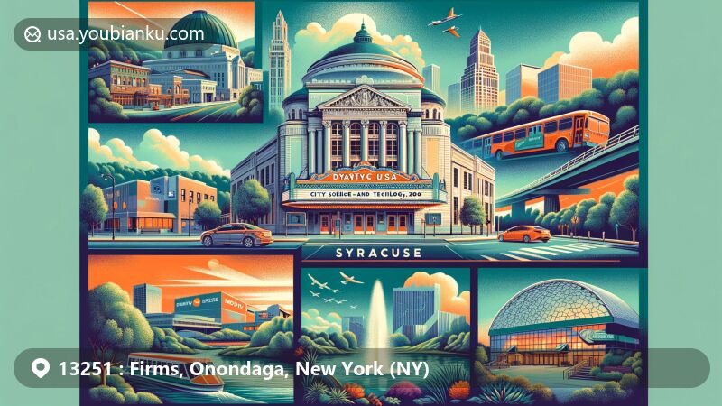 Modern illustration of Syracuse, Onondaga County, New York, featuring postal theme with ZIP code 13251, showcasing vintage postal truck, postage elements, and New York state flag.