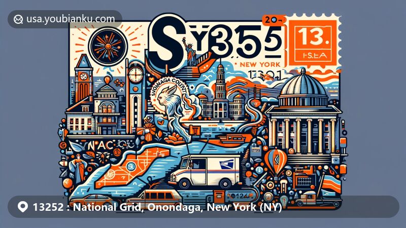Modern illustration of Niagara Mohawk Building and Skä•noñh – Great Law of Peace Center in National Grid, Onondaga, New York, showcasing postal theme with ZIP code 13252, featuring New York state flag and unique postal symbols.