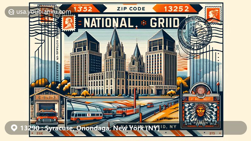 Modern illustration of Syracuse, New York, in the 13290 ZIP Code area, featuring iconic landmarks like the Erie Canal Museum and Onondaga Park with Hiawatha Lake, combined with postal elements in a creative design.