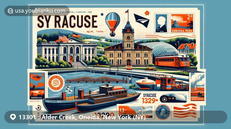 Modern illustration of Alder Creek, Oneida County, New York, featuring vintage air mail envelope with ZIP code 13301, showcasing post office, mail truck, and postal stamps of local landmarks and symbols.