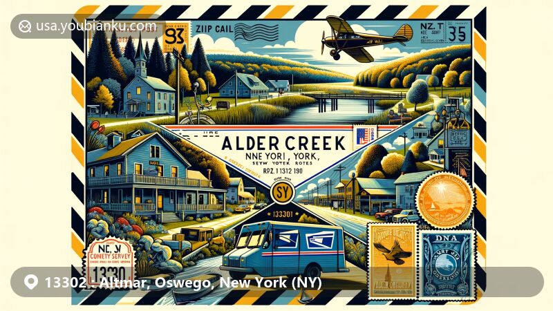 Modern illustration of Altmar area in Oswego County, New York, displaying postal theme with vintage air mail envelope and scene from Salmon River Fish Hatchery, symbolizing connection to Lake Ontario and Lake Erie stocking programs, featuring lush natural landscape of Altmar and a stylized postal stamp.