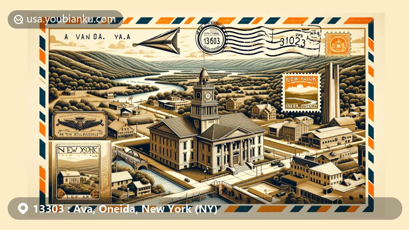 Modern illustration of Ava, New York area, showcasing postal theme with ZIP code 13303, featuring Ava Town Hall, Tug Hill Plateau, dairy farming history, Mohawk and Black rivers, and New York state flag.