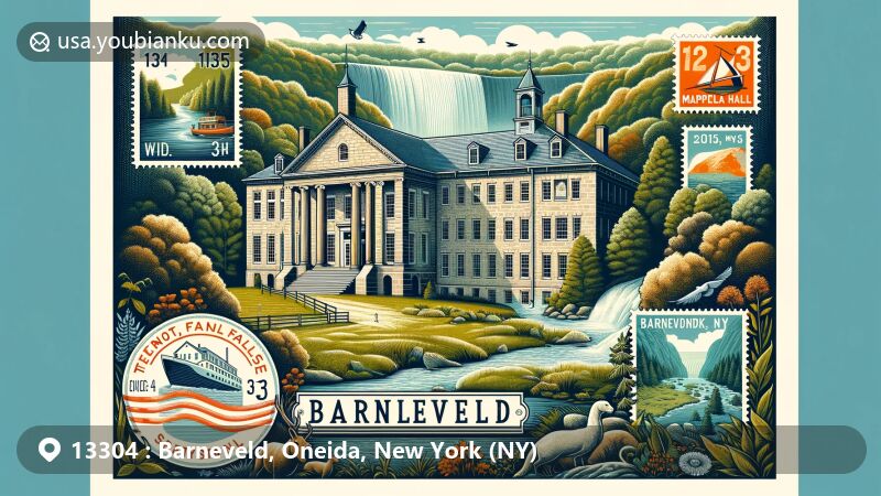 Vintage-style illustration of Barneveld, New York, showcasing historical Mappa Hall, rolling hills, dense forests, and postal elements with ZIP code 13304. Symbolizes rich history and gateway to the Adirondacks.