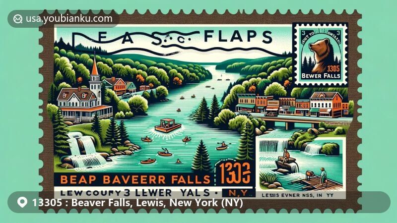 Modern illustration of Beaver Falls, Lewis County, New York, featuring Beaver River and historic landmarks like Beaver Falls Grange Hall No. 554 and Harry & Molly Lewis residence, with a vintage postcard layout highlighting ZIP code 13305.