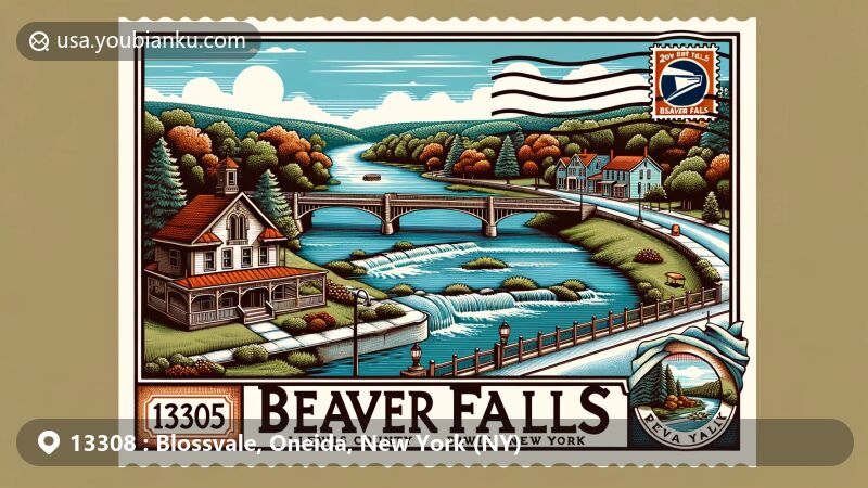 Creative illustration of Blossvale, Oneida County, New York, blending local geography and postal elements, featuring Ta-Ga-Soke Campgrounds and postal service symbols.