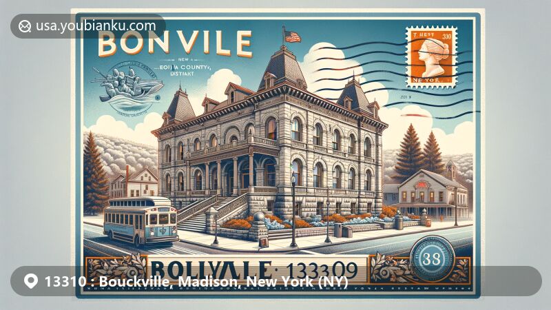 Modern illustration of Bouckville, NY 13310, featuring vintage postcard with Cobblestone architecture, Madison Bouckville Antique Week, classic mailbox, and old mail carriage, encapsulating the area's postal heritage and vibrant local events.